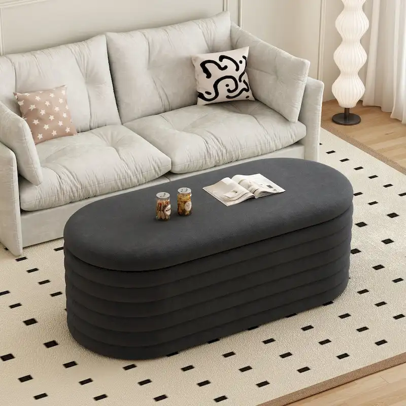 Storage Chenille Ottoman Bench Upholstered Fabric Storage Bench End of Bed Stool with Safety Hinge