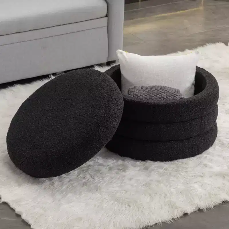 Okak Modern Round Storage Ottoman Bench Vanity Chair Soft Velvet Upholstered Footrest Stool With Wooden Shelving for Couch Bedroom Entrance