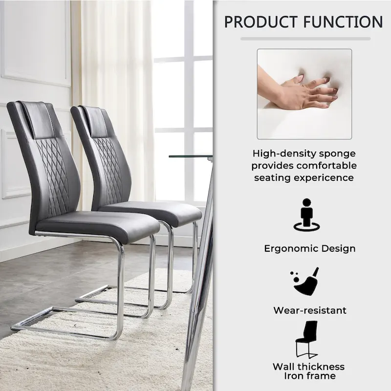 Modern Tempered Glass Dining Table Set with U-shaped Marble Pattern Base and PU Upholstered Chairs