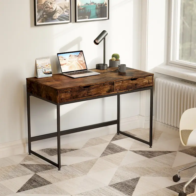 43 Modern Writing Desk with 2 Drawers - Industrial Computer Desk, Steel Frame, Adjustable Feet, Home Office Workstation