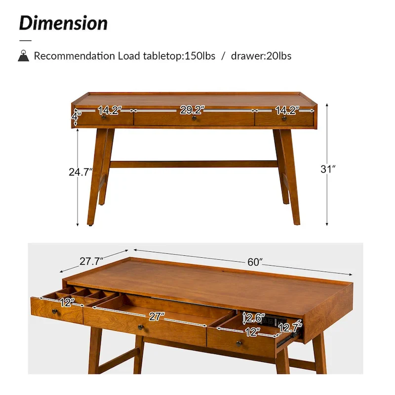 Walnut Mid-Century Office Desk with 3 Drawers and Charging Station