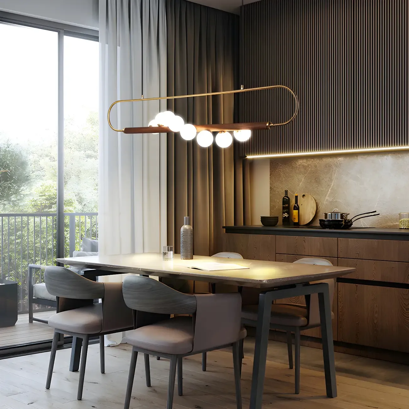 Modern Brass Wood Linear Island Pendant Light