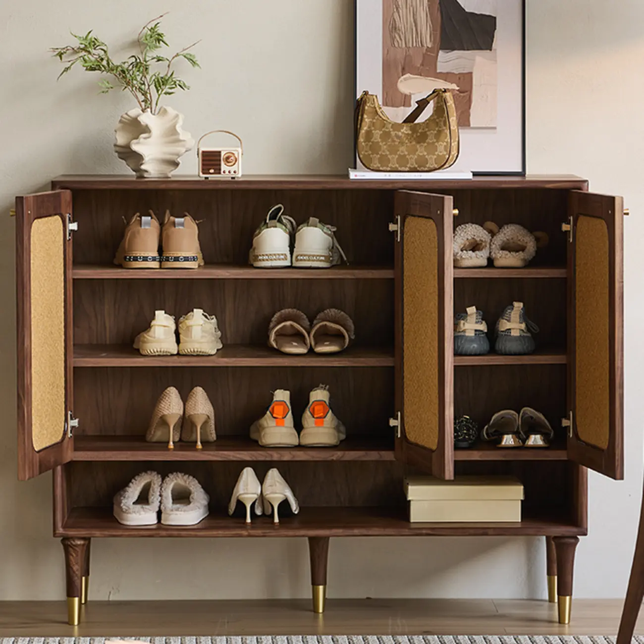 Bohemian Brown Solid Wood Entryway Shoe Cabinet