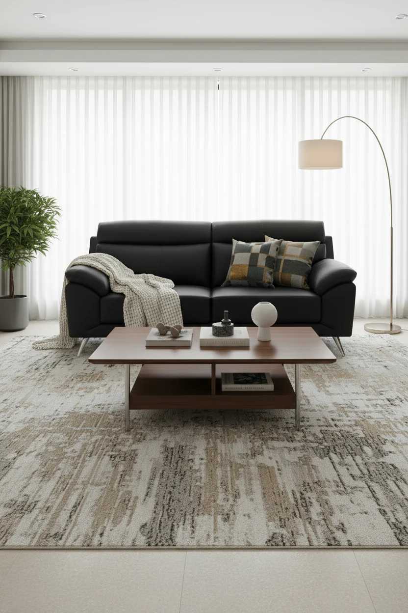 Sofa, black top-grain cowhide leather, foam cushions, steel legs, 80 inches.