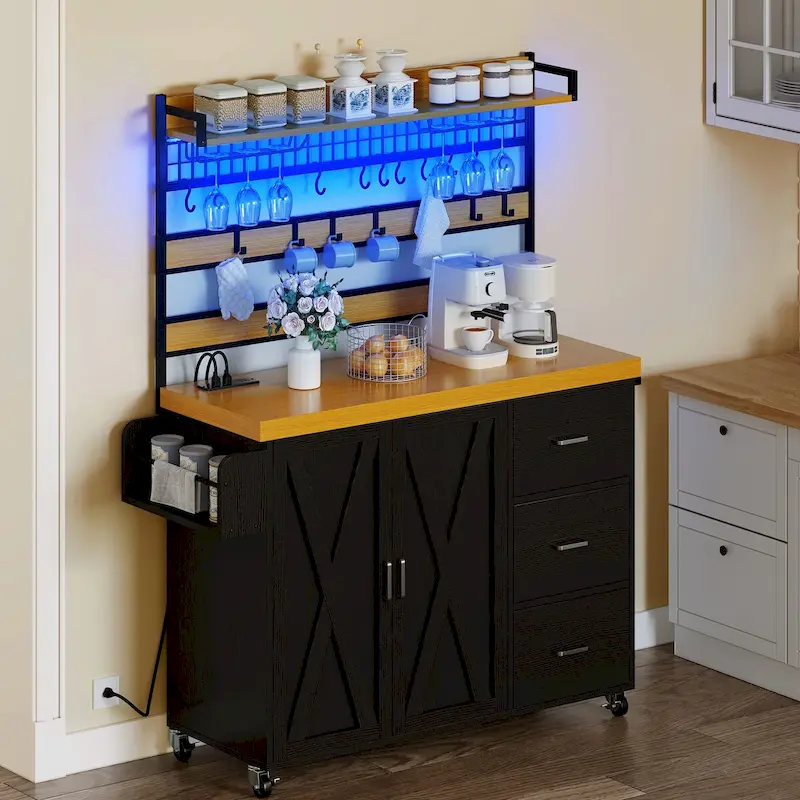 Large Rolling Kitchen Island With Power Outlet & LED Light, Storage Cabinet With Tall Shelf