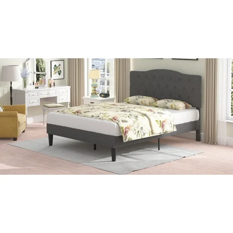 VECELO Modern Upholstered Bed with Height Adjustable Tufted Headboard ,Dark Grey