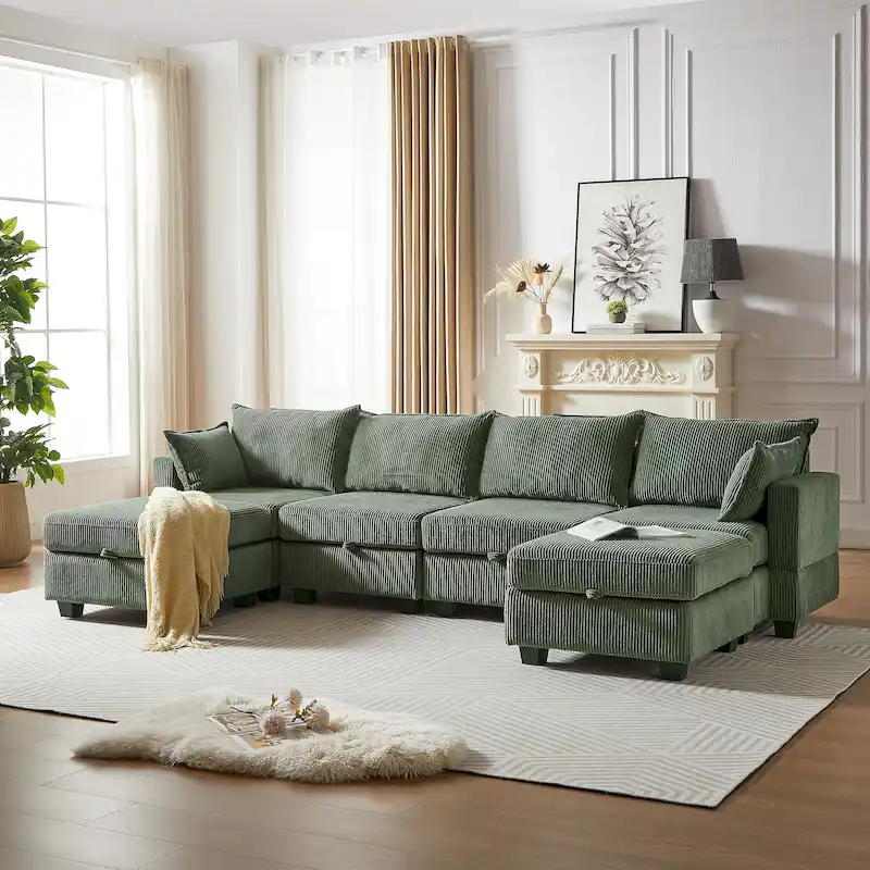 Green Corduroy Modular Sectional Sofa with Storage, 6-Piece