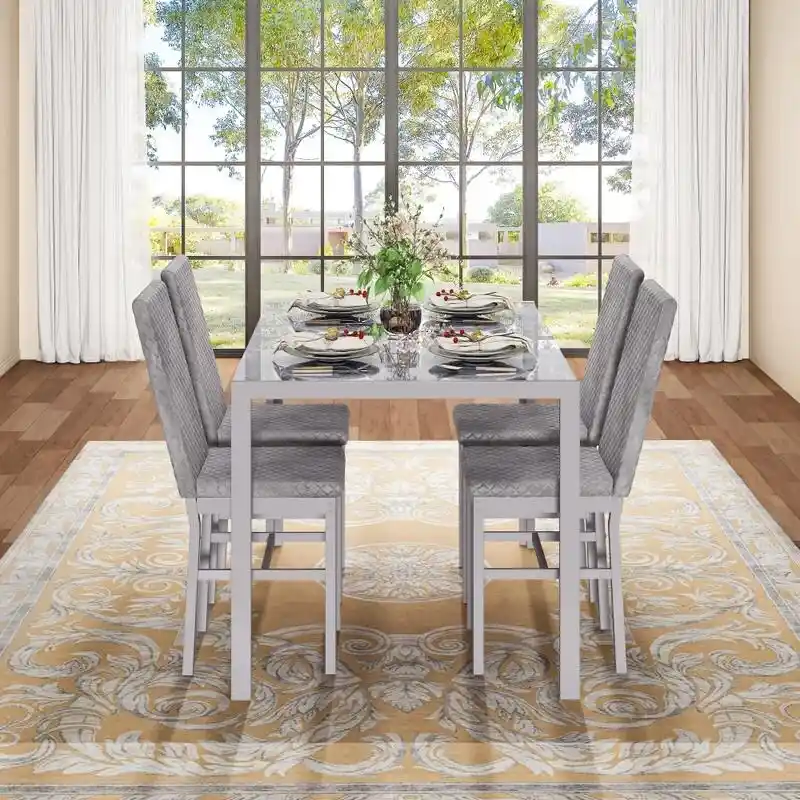 Modern Dining Room Table with Tempered Glass Tabletop and Diamond Stitching PU Leather Chairs