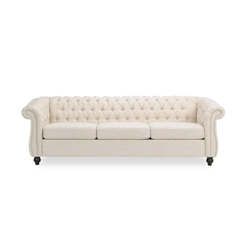Beige Chesterfield Button Tufted 3-seater Sofa with Nailheads