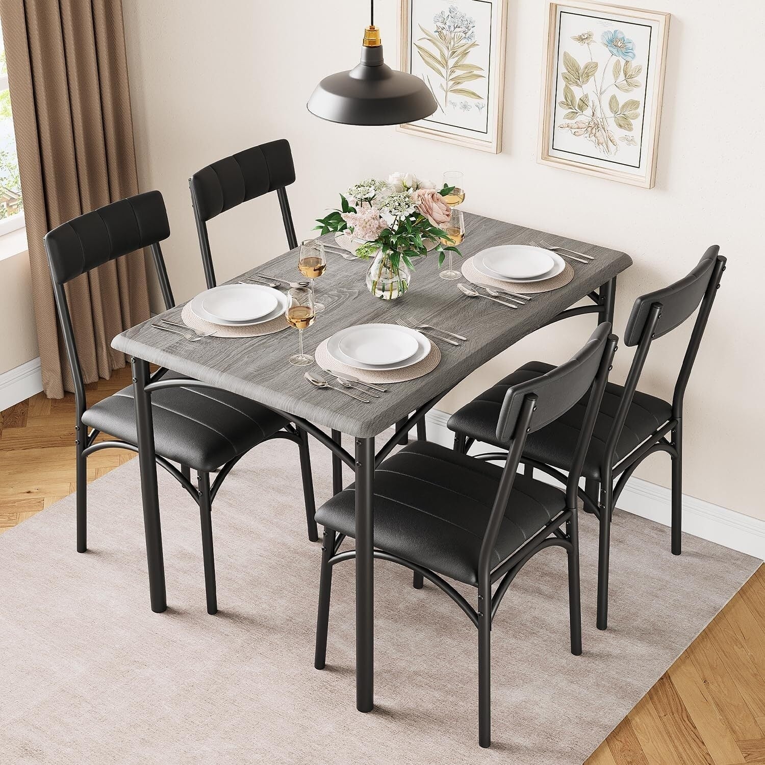Rectangular Dining Table Set for 4 with Upholstered Chairs