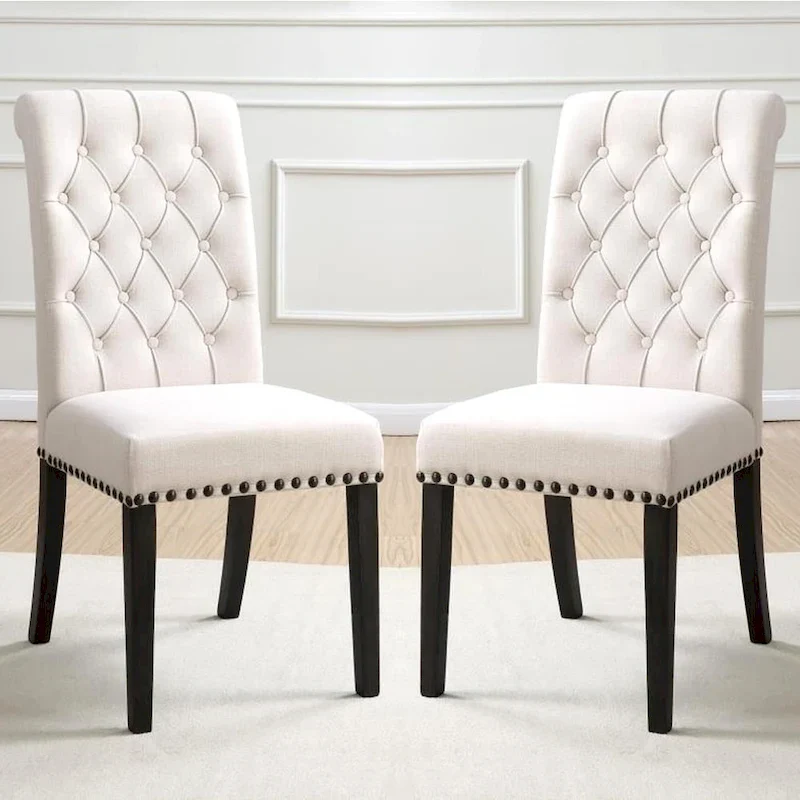 Rolled Back Button Tufted Dining Chairs with Nailhead Trim, Set of 2