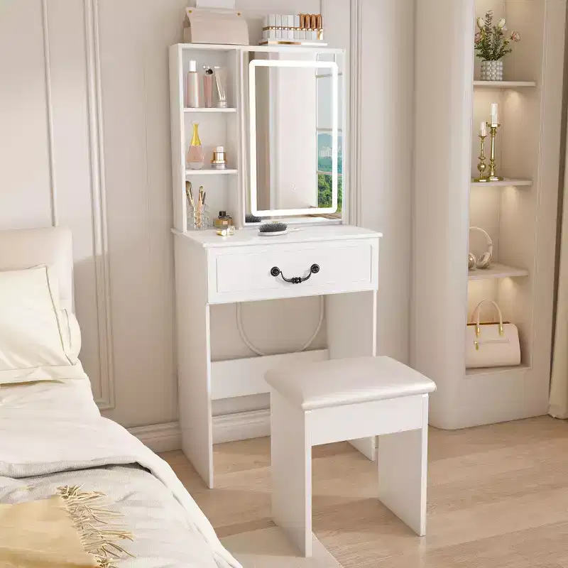 JVNOXK Modern Mini Vanity Table with Dimmable LED Light Mirror, Hidden Storage Space, Multi-Layer Shelves and Cushioned Stool, White