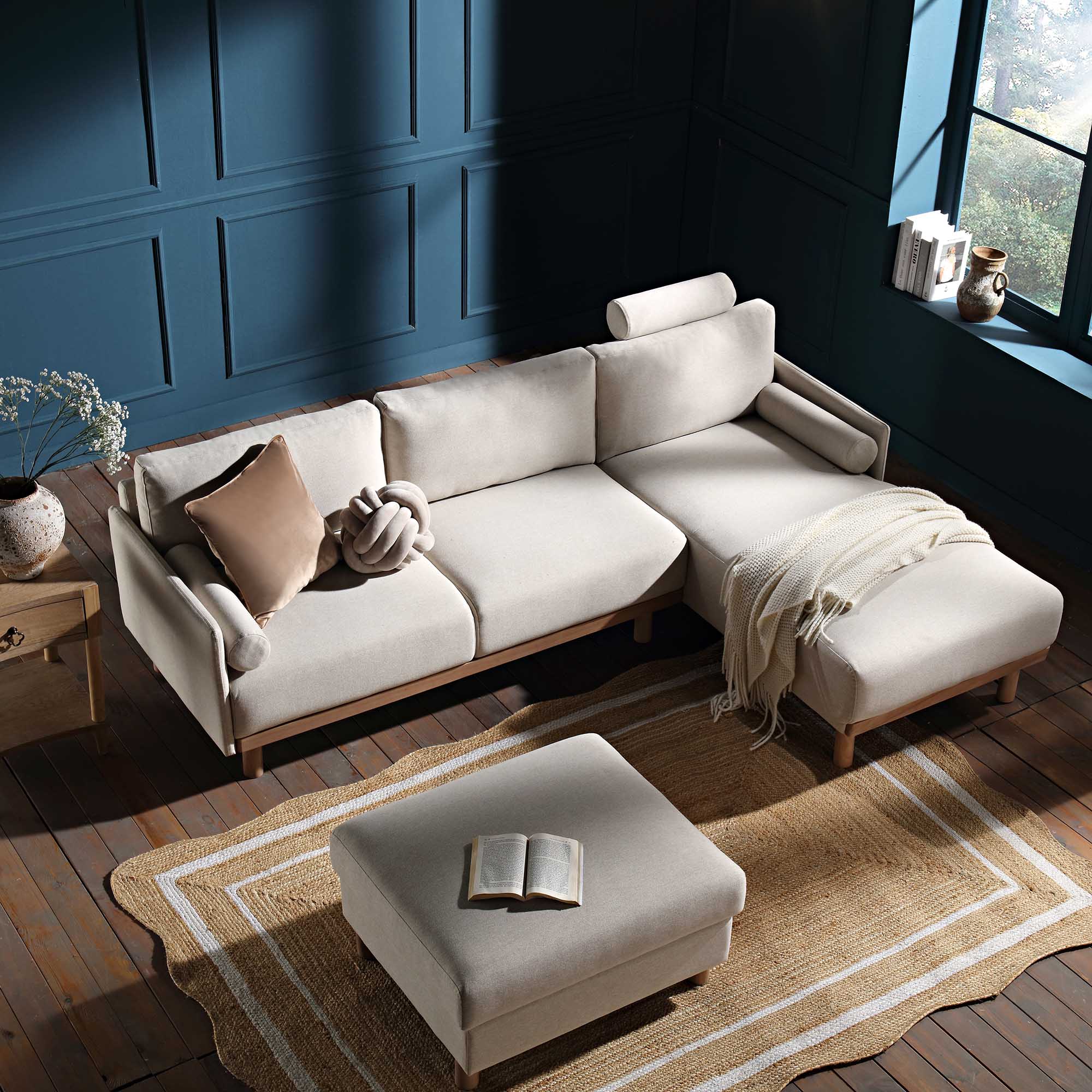 Oatmeal Fabric Sofa, Large 3-Seater Chaise Sofa Right Hand Facing