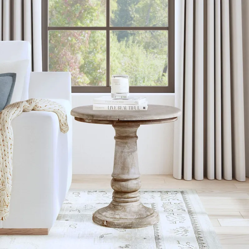 Natural White-Washed Round Mango Wood Side Table