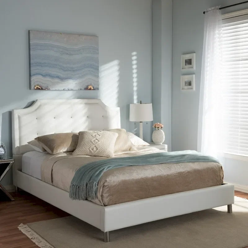 White Modern Platform Bed with Upholstered Headboard