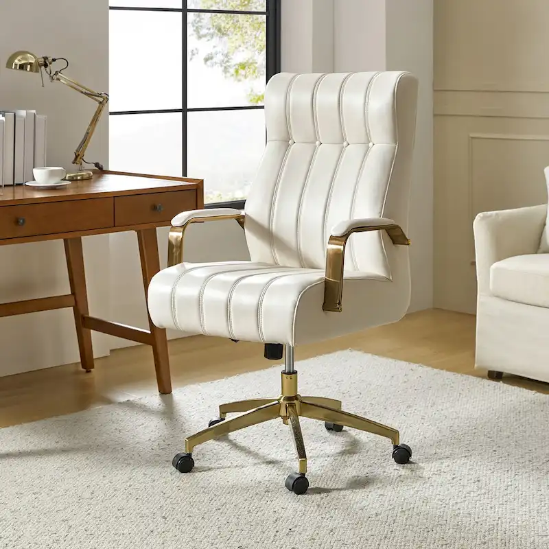 Curtiz Mid-Century Modern Vegan Leather Swivel Tilting Office Chair with Channel Tufted and Metal Feet by HULALA HOME