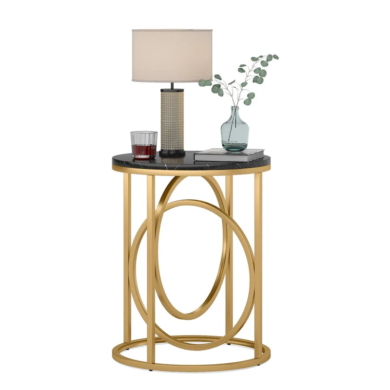 White Marble Round End Table with Gold O-Shaped Base - 20 inch