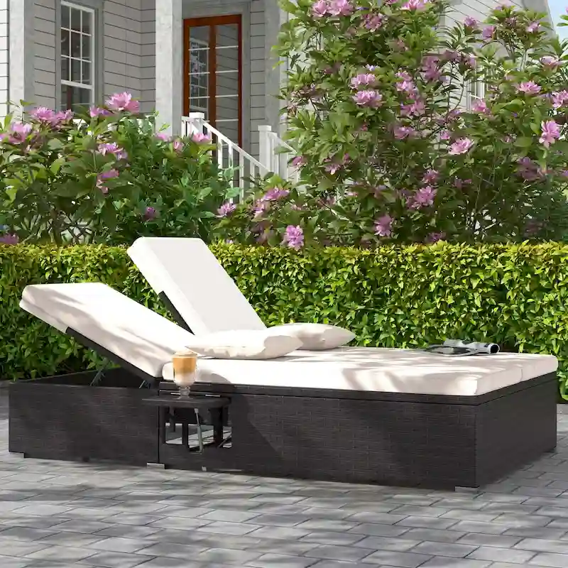 Costway Outdoor Patio Daybed PE Wicker Double Chaise Lounge with - See Details