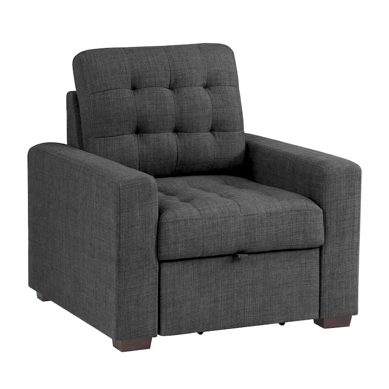 37 Inch Chair, Pull Out Ottoman, Dark Gray Polyester, Espresso Wood