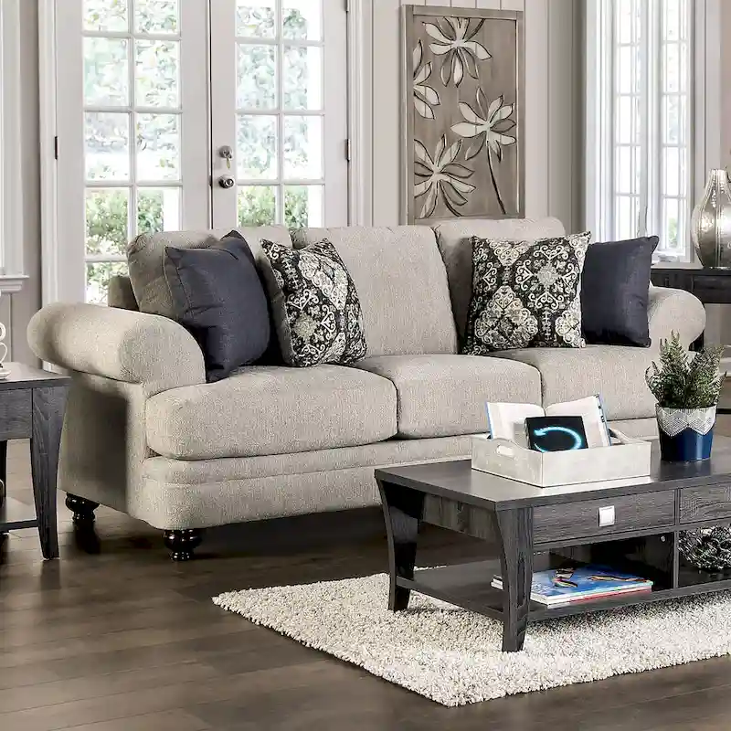 Frane Transitional Beige Chenille Upholstered T-Cushion Sofa by
