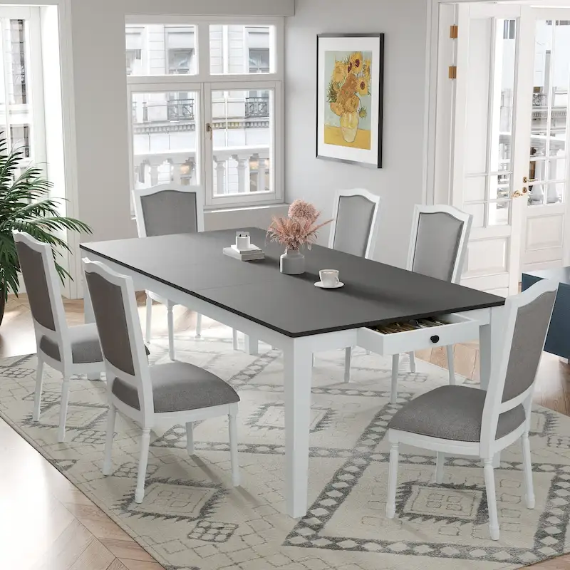 7 Pcs Dining Table Set, Solid Wood Table and Chairs Set with Extendable Dining Table, 2 Drawers and 6 Upholstered Chairs