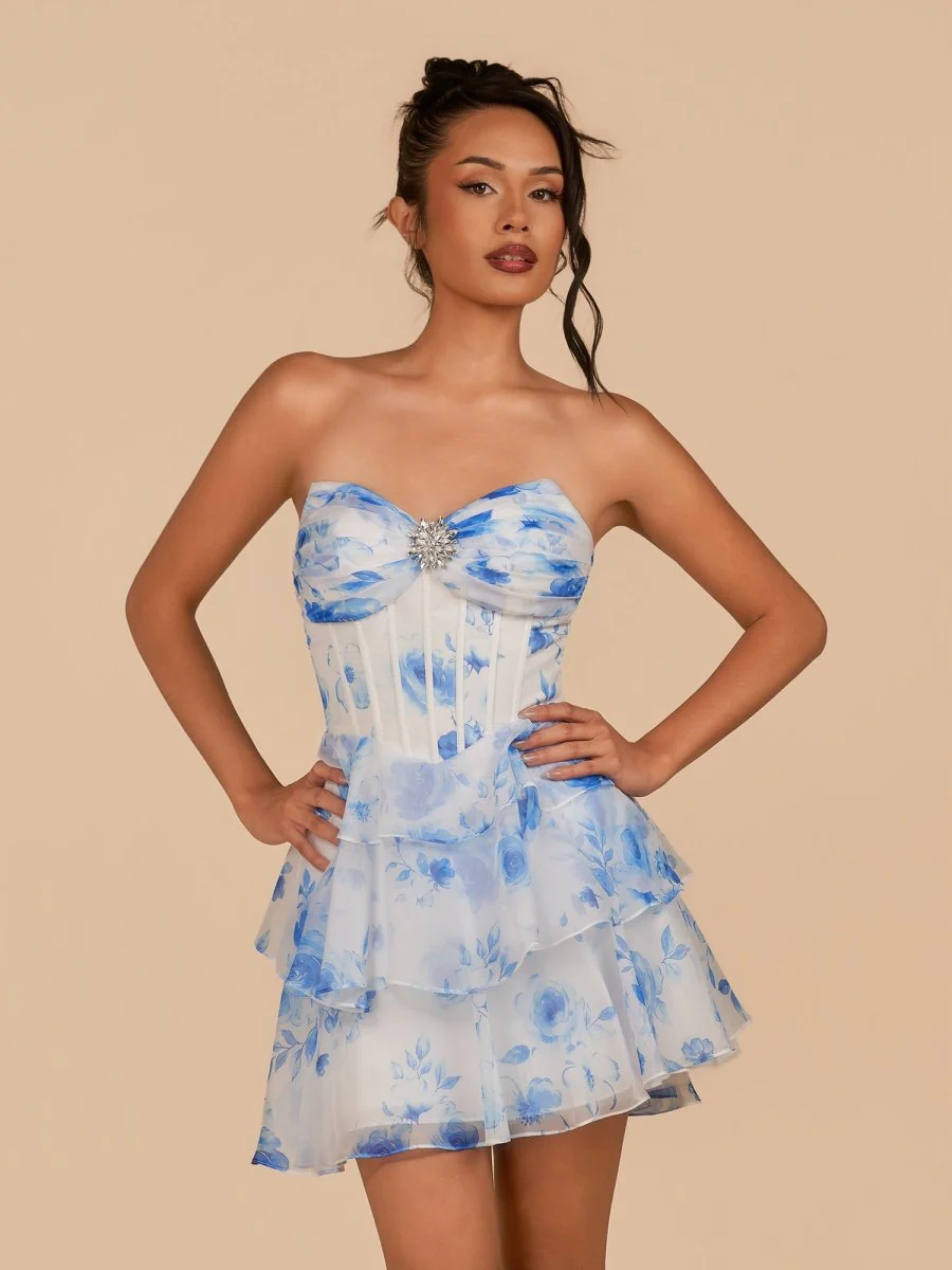Blue - A Line Strapless Floral Chiffon Homecoming Dress with Beads