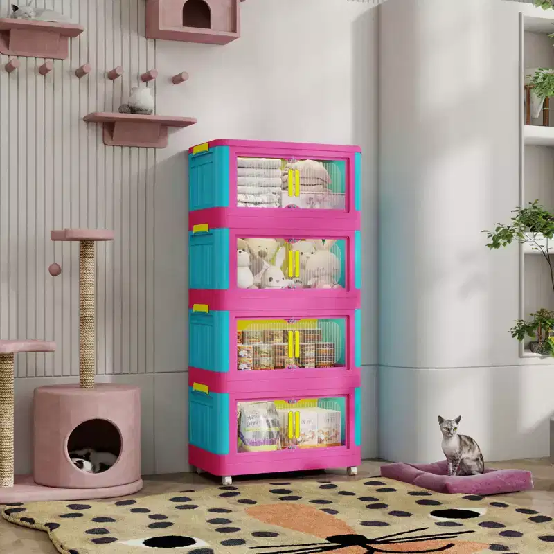 JVNOXK 20-inch 4-Tier Folding Storage Cabinet 4 compartments, magnetic-door storage bins Plastic storage cabinet with wheels Blue and pink