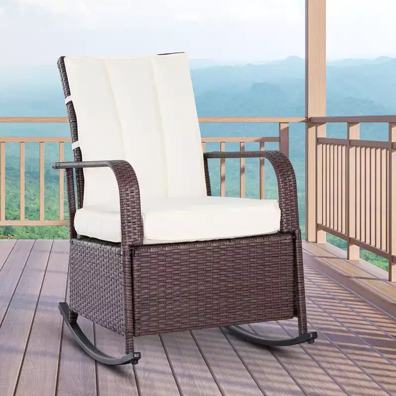 Outsunny Outdoor Rattan Wicker Rocking Chair Patio Recliner with Soft Cushion, Adjustable Footrest, Max. 135 Degree Backrest