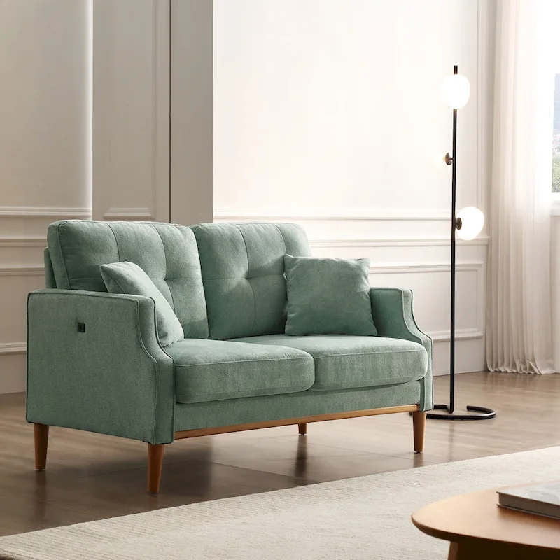 Dark Blue/Cream/Baby Blue Fabric 2-Seater Loveseat with USB Port