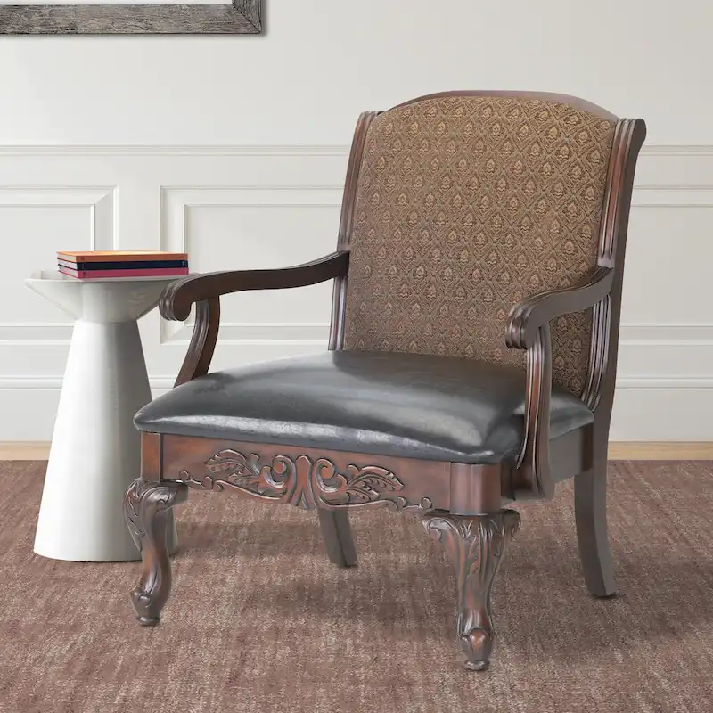 Brown Traditional Accent Chair, Single Seat — Walnut Finish, Carved Wood Detail