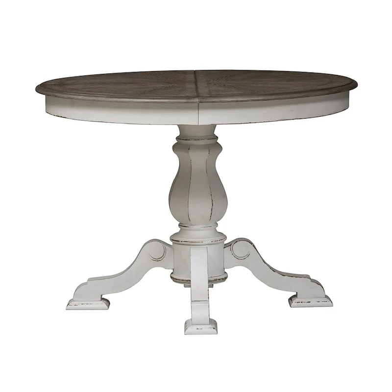 White Pedestal Dining Table with 4 Upholstered Chairs