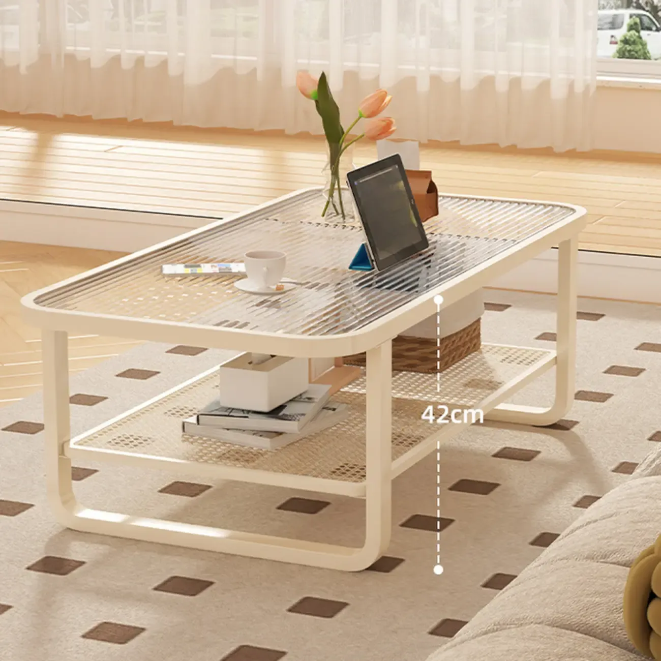 Modern White Rectangle Glass Coffee Table with Shelf