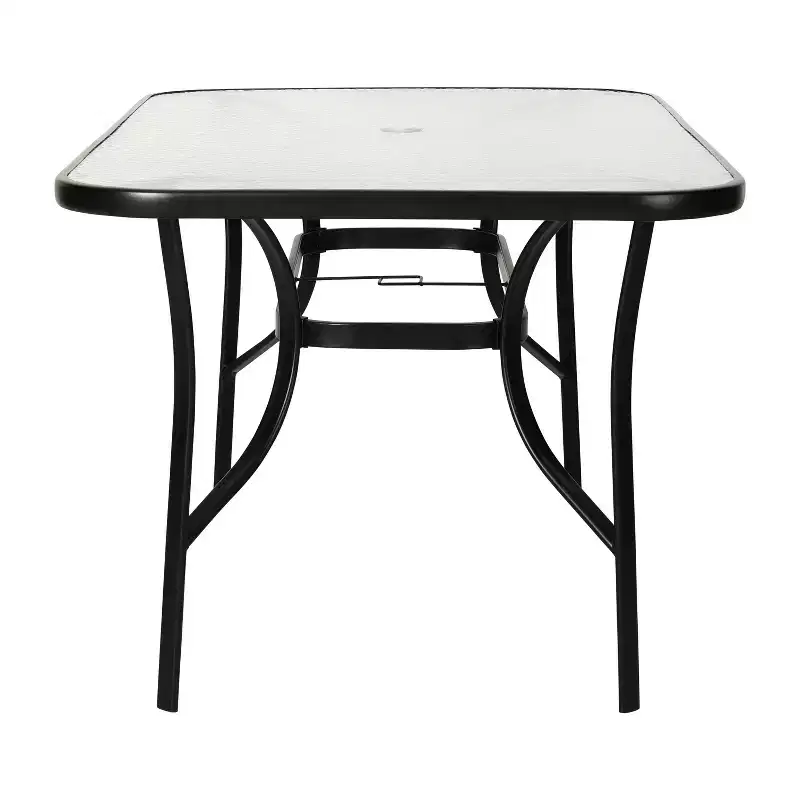 Emma and Oliver Rectangular Tempered Glass Top Patio Table with Umbrella Hole and Black Steel Tube Frame