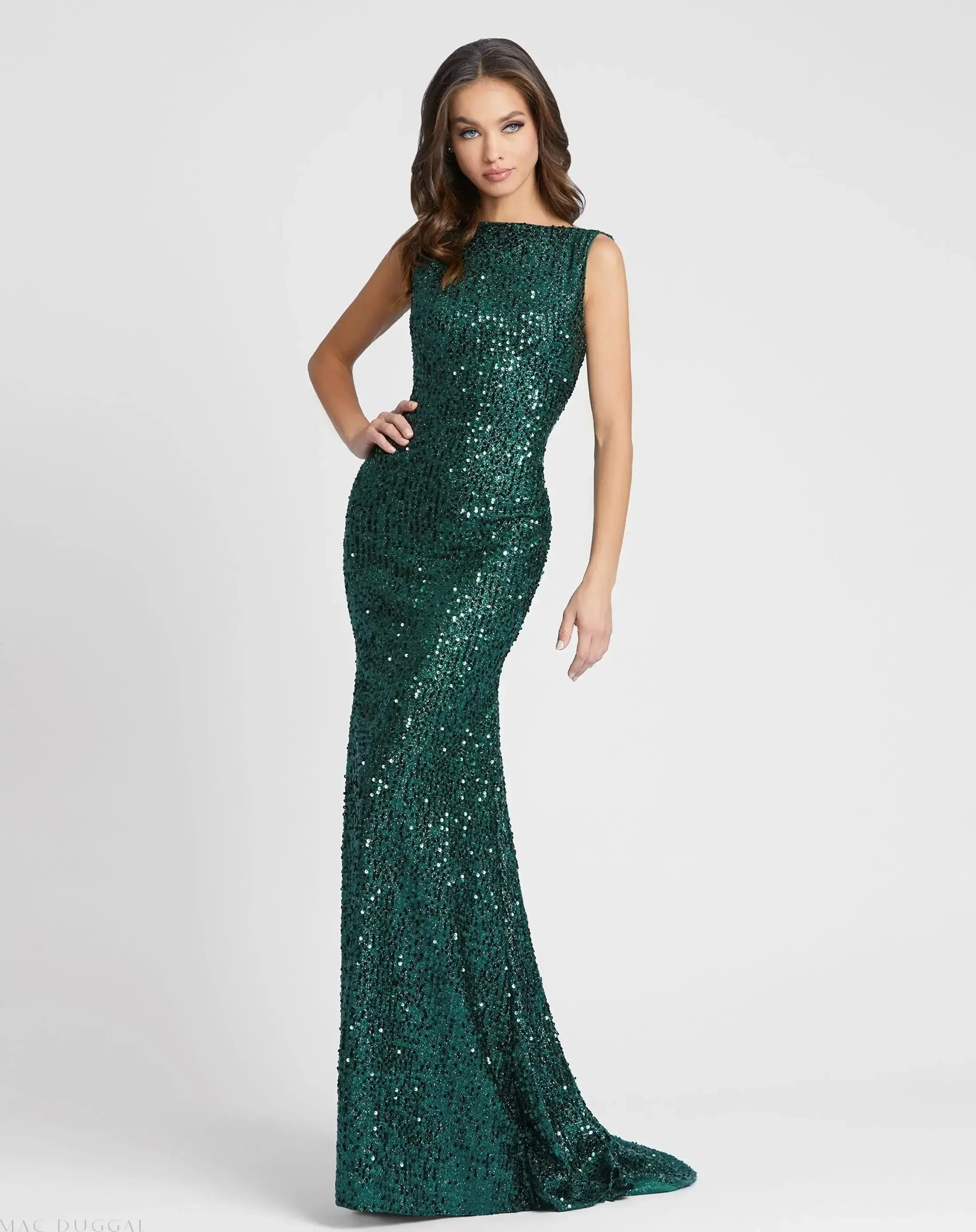 Green Cowl Back Boat Neck Sequined Evening Gown