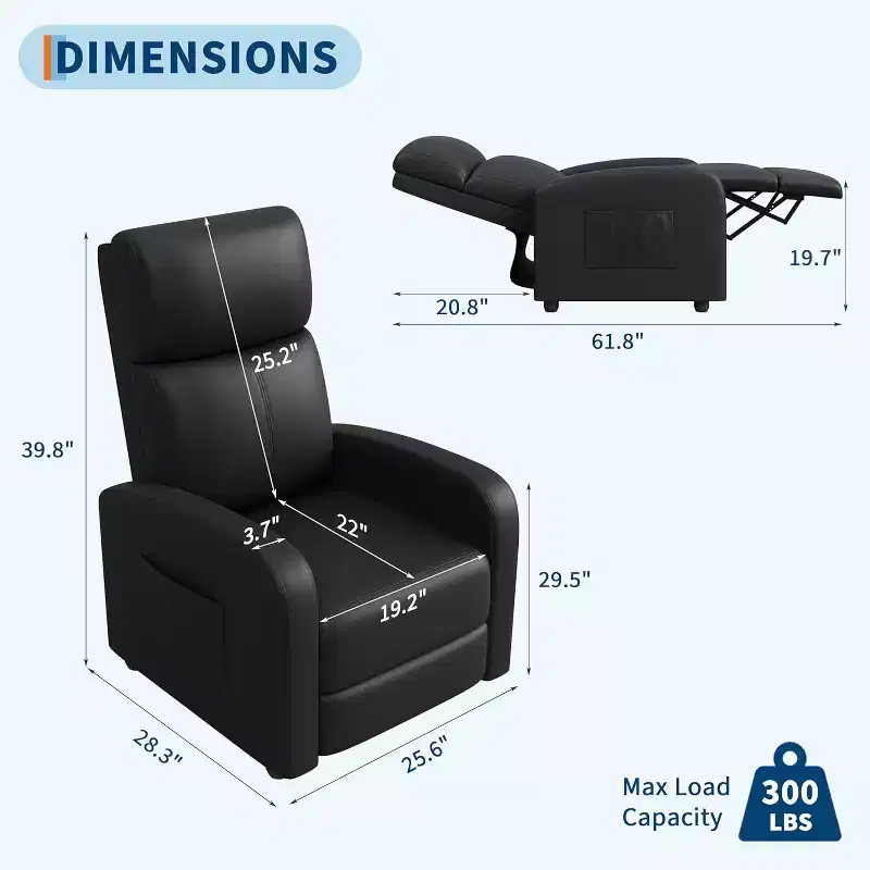 Recliner Chair for Adults,PU Leather Lazy Recliner Ergonomic Adjustable Single Sofa Enhanced with Side Pocket, Tall Back, Wide Arms Padded Seat