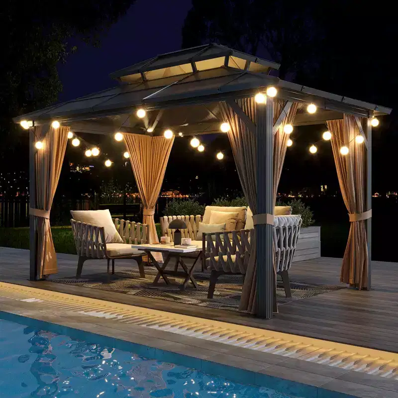 Hardtop Gazebo, 10'x13' Double-Layer Galvanized Steel Roof Gazebo, All-Season Aluminum Frame Pavilion with Privacy Curtains and Netting for Patio