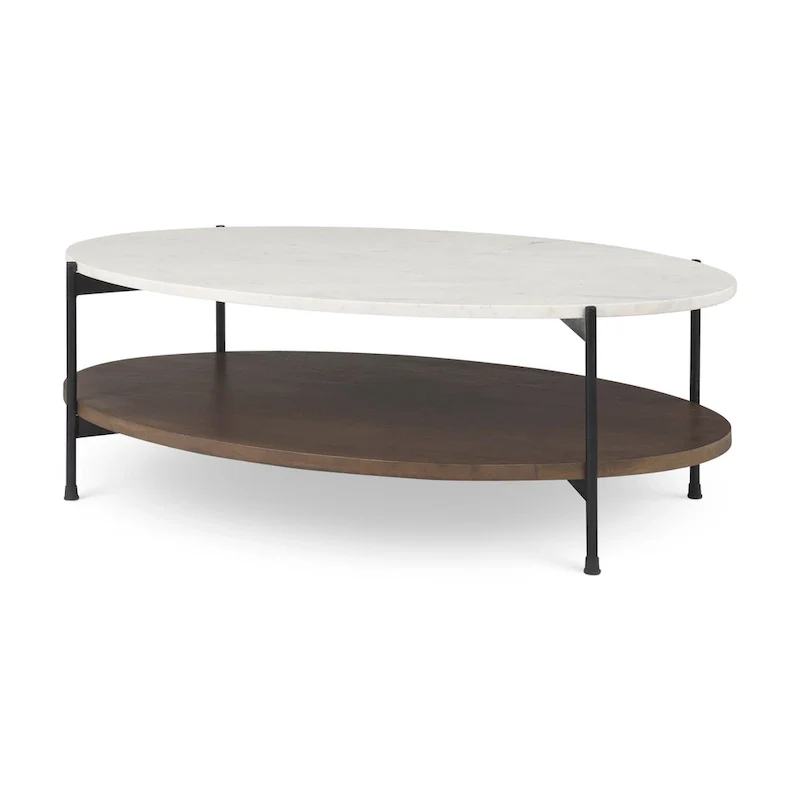 White Marble Top Oval Coffee Table with Dark Brown Wood Shelf