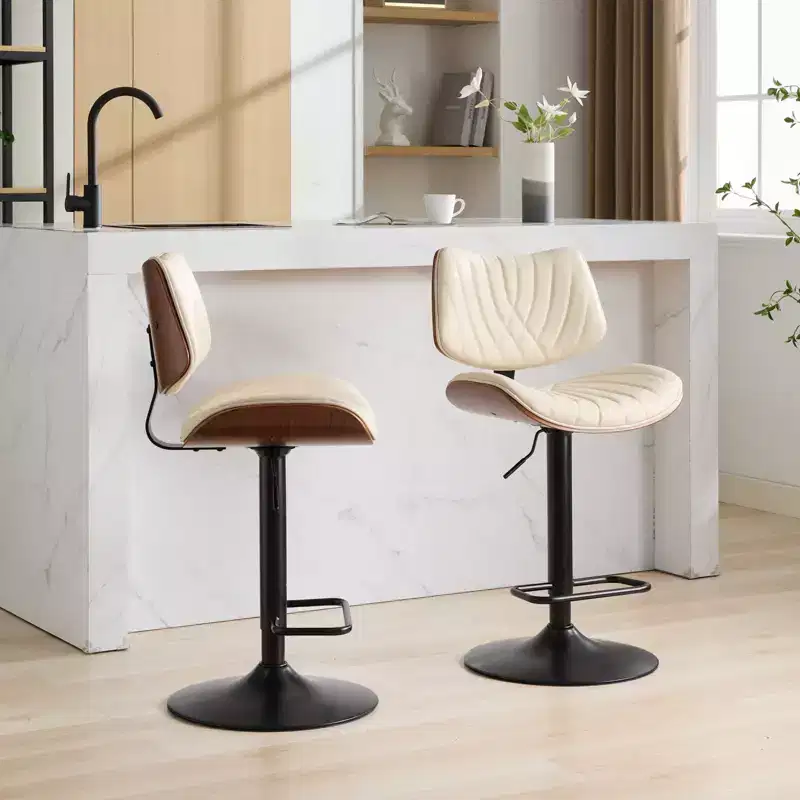 MAYEERTY Walnut Bentwood Bar Stools - Mid-Century Modern, Adjustable Height, Black Leather, 360 Swivel, 1 Chair/Carton