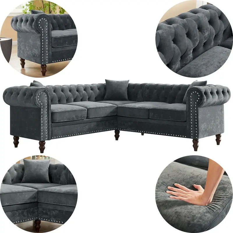 Deep Button Rolled Arm Classic Chesterfield L Shaped Sectional Sofa