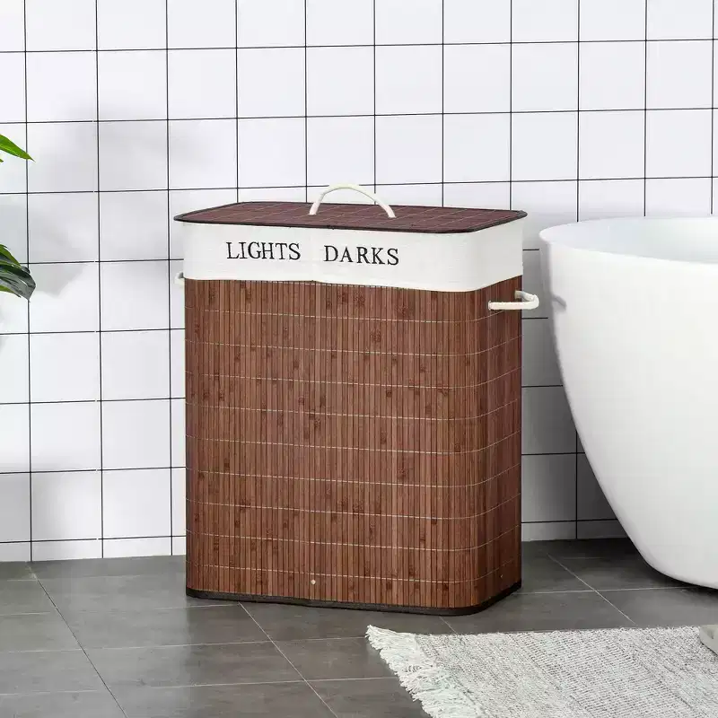 Double Laundry Hamper with Lid Bamboo Frame Two-Section Sorter 26.4 Gallon