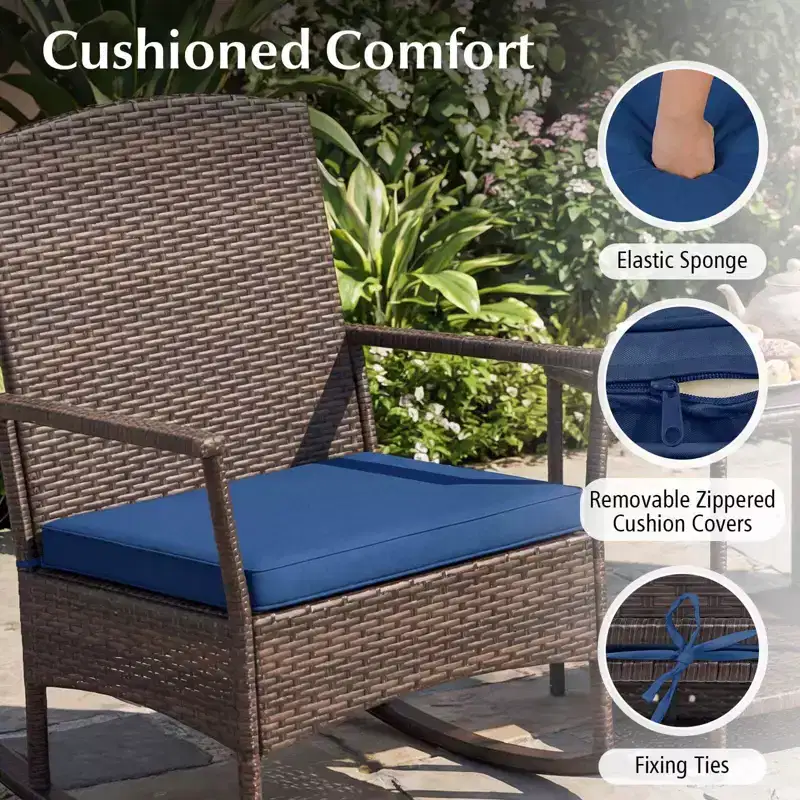 Costway 3 Piece Patio Rocking Set Wicker Rocking Chairs with 2-Tier Coffee Table Turquoise/Off White/Black
