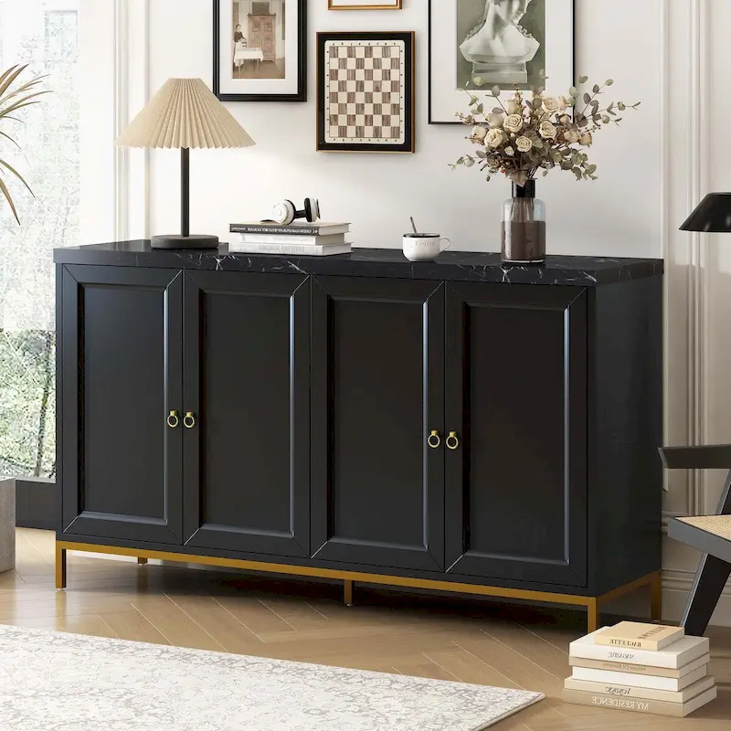 4-Door Sideboard with Metal Handles, Black/Light Gray