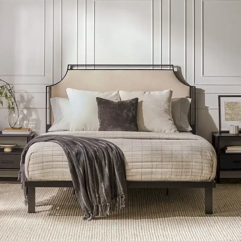 Upholstered Curved Metal Queen Bed Frame