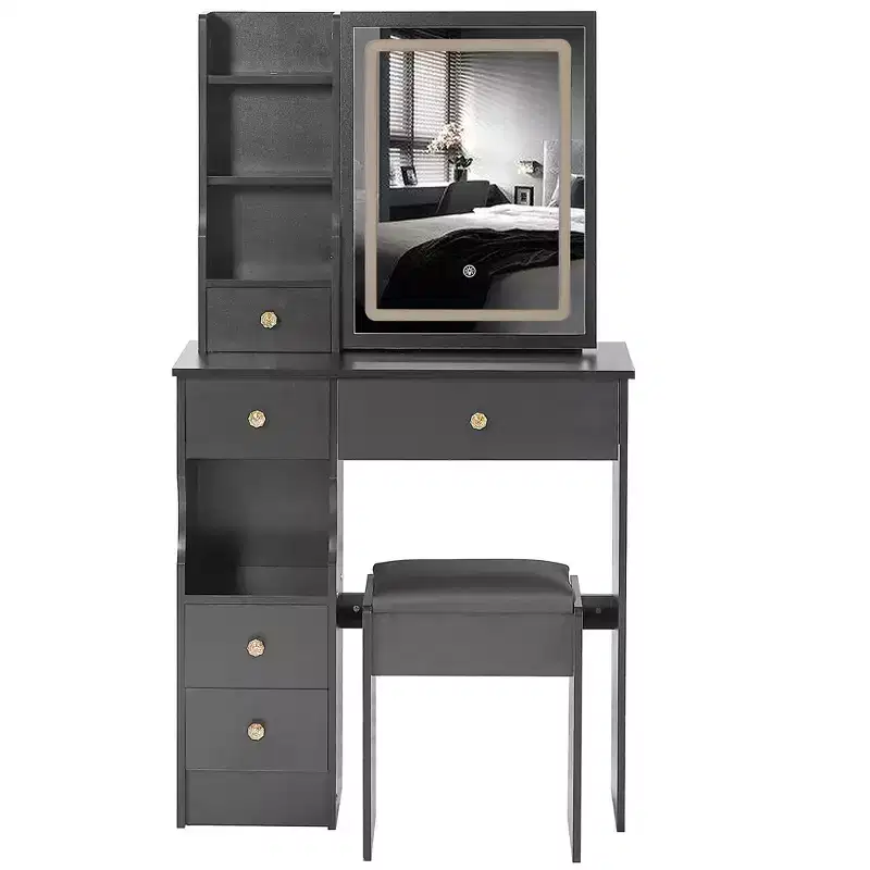 Vanity Set with Sliding Mirror, 3-Shade Adjustable Lighting, Multi-Drawer Storage & Padded Stool.