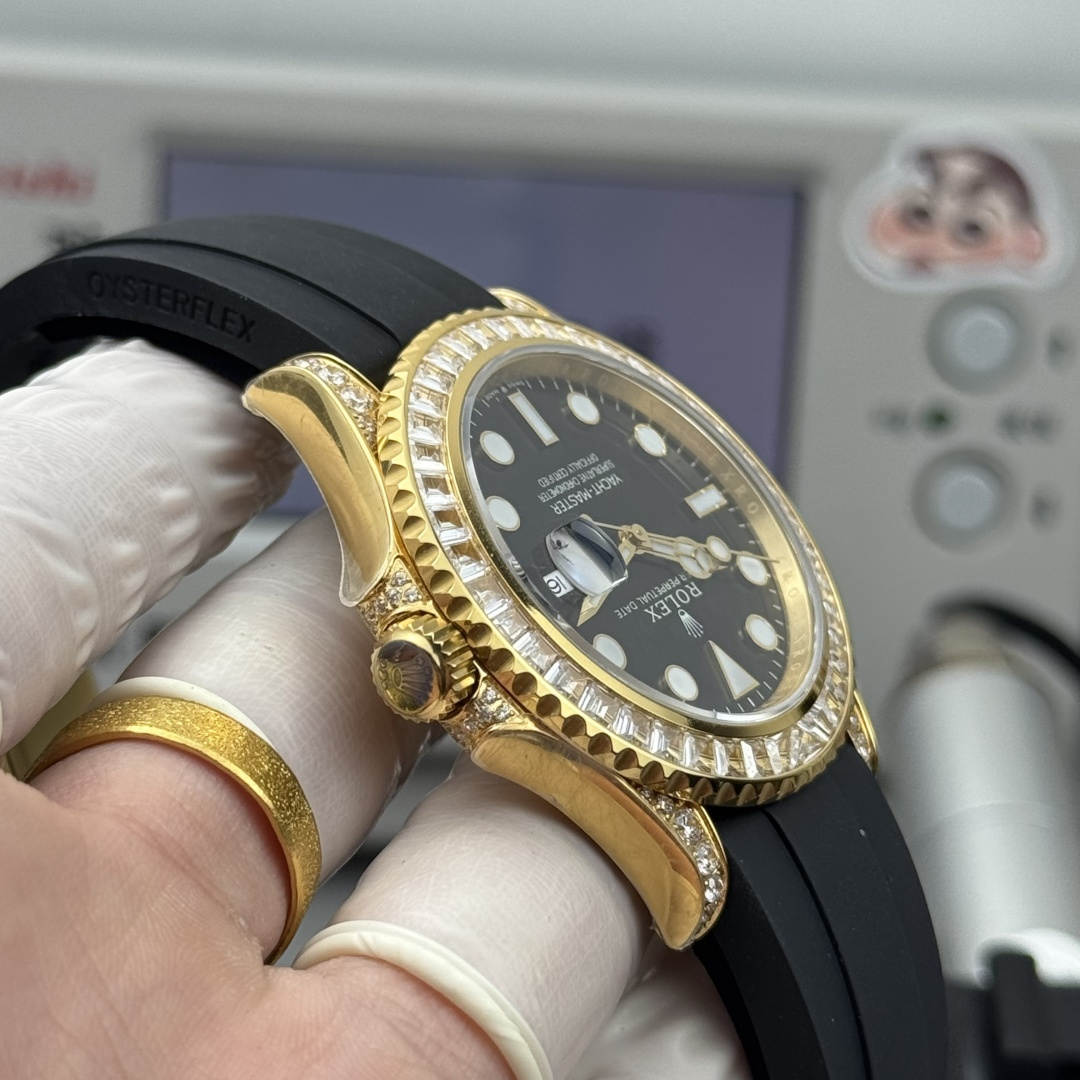 gold Rolex-style Yacht-Master side profile with gem-set bezel