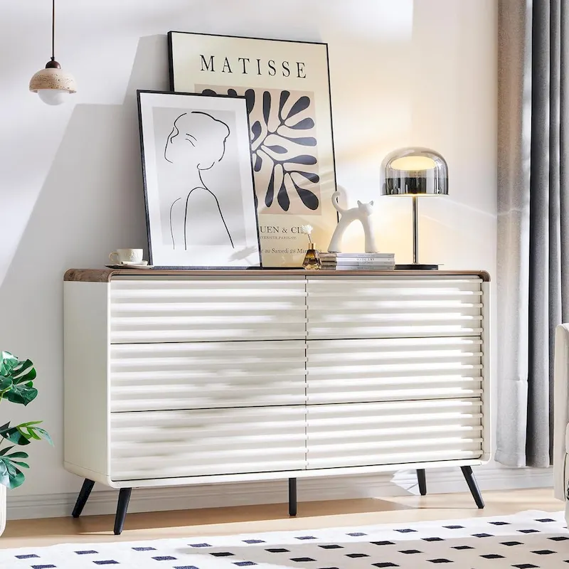 Mid Century Modern 6 Drawers Dresser, Wood Fluted Chest of Drawers