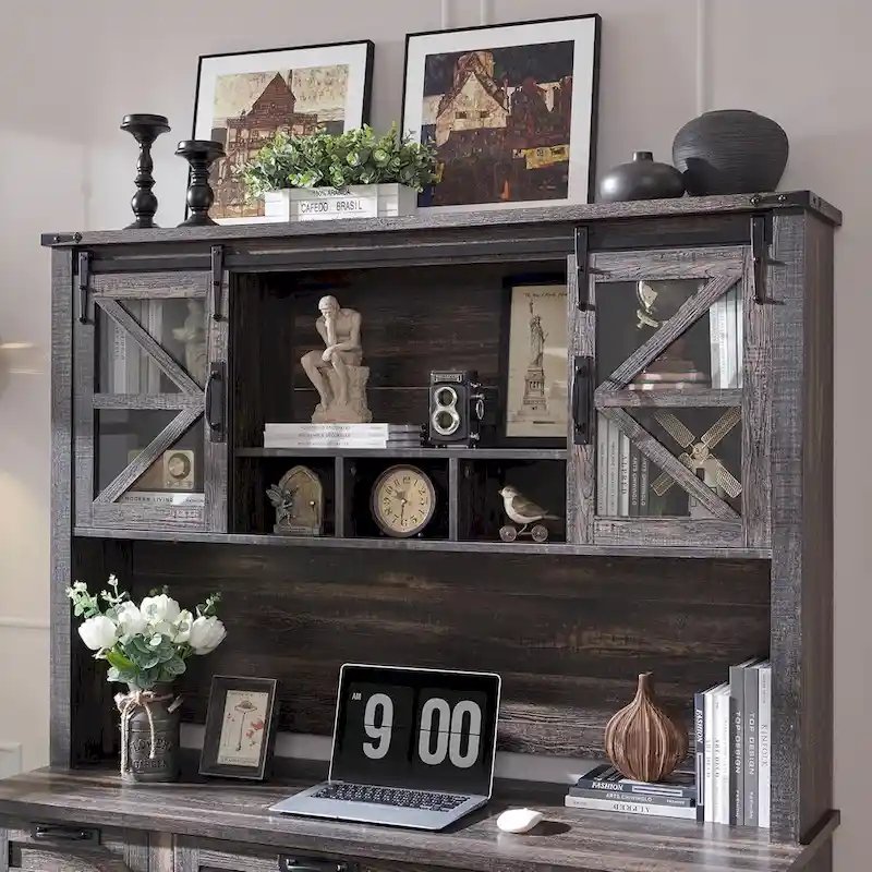 Farmhouse Desk, Wood Home Office Executive Desk with Charging Station