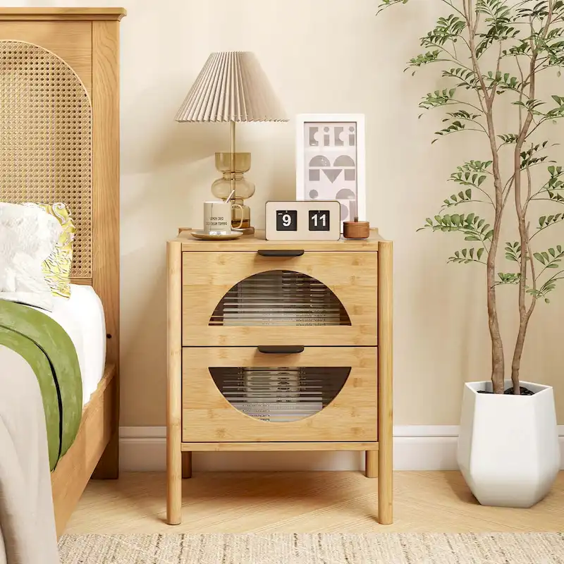 Bamboo Nightstand with 2 Storage Drawers and Reeded Glass - 1 or 2 Piece