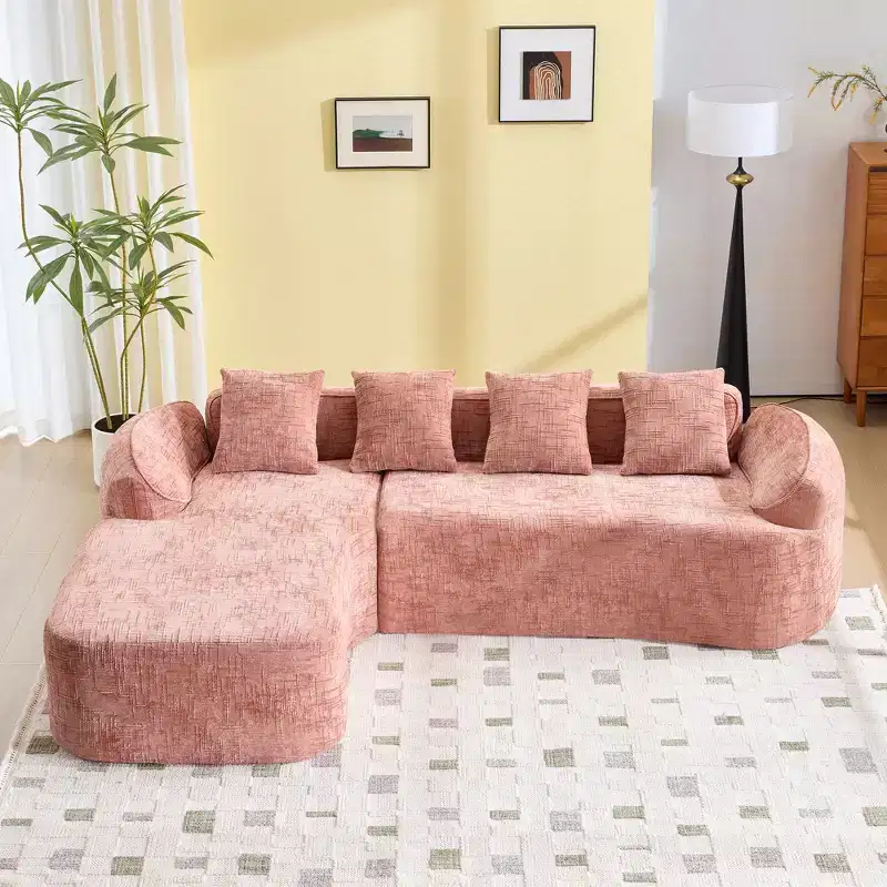 Pink Chenille L-Shape Sofa w/ Curved Arms, 4 Pillows  Cloud-Soft & Space-Smart