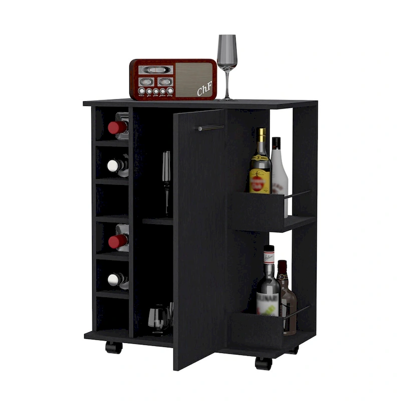 Woodland Bar Cart with Casters, Wine Rack and Open Shelf Black